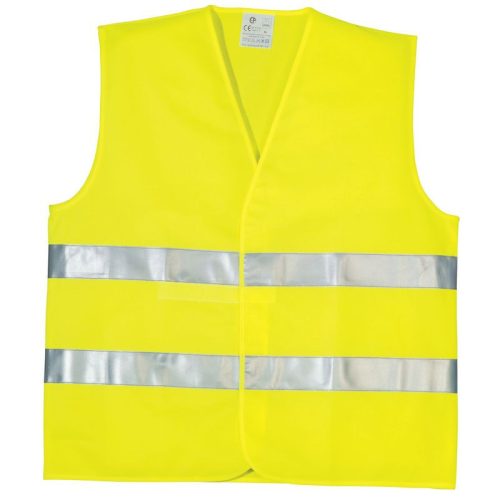 Fényvisszaverő mellény fényvisszaverő csíkokkal, textil/celofán csomagolásban, M–XXL méretben, 60 g