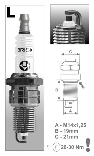 BRISK L15YC gyújtógyertya, 4 db – M14 x 1,25 mm – menethossz 19 mm – kulcsnyílás 21 mm (kompatibilitás: lásd a leírásban!)