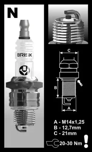 Brisk N14C gyújtógyertya – M14x1,25 – menethossz 12,7 mm – kulcsméret 21 mm (kompatibilitás: lásd a leírásban!)