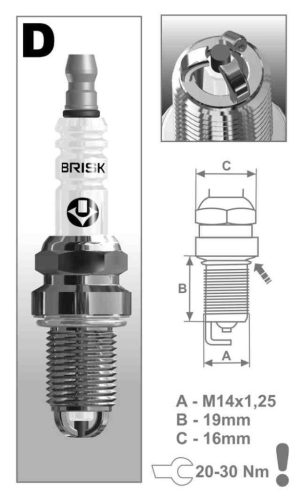 BRISK DR15TC gyújtógyertya – M14 x 1,25 – menethossz 19 mm – kulcsnyílás 16 mm (kompatibilitás: lásd a leírásban!)
