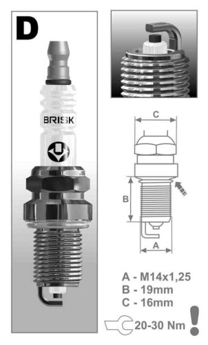 BRISK D17YC gyújtógyertya – M14 x 1,25 – menethossz 19 mm – kulcsnyílás 16 mm (kompatibilitás: lásd a leírásban!)