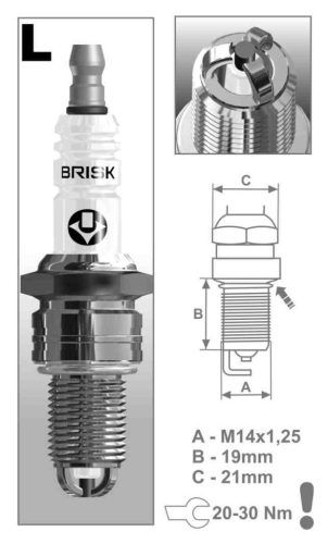Brisk LR15TC-1 gyújtógyertya – M14 x 1,25 – menethossz: 19 mm – kulcsnyílás: 21 mm (kompatibilitás: lásd a leírásban!)