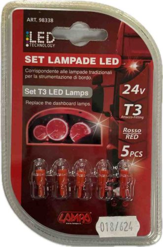 Lampa 98338 24V 1,2W T3 piros LED izzó, 5 db-os csomag