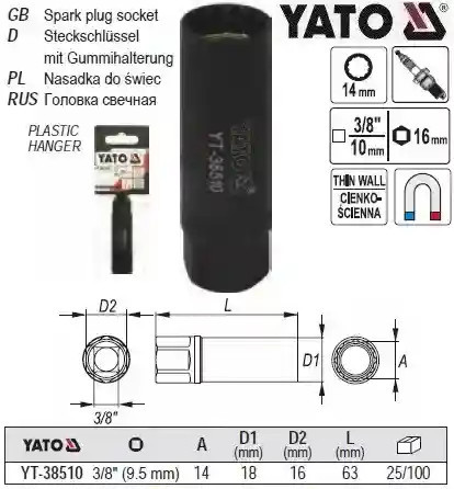 Vékonyfalú gyertyakulcs – 3/8", 14 mm / 63 mm (Yato YT-38510)