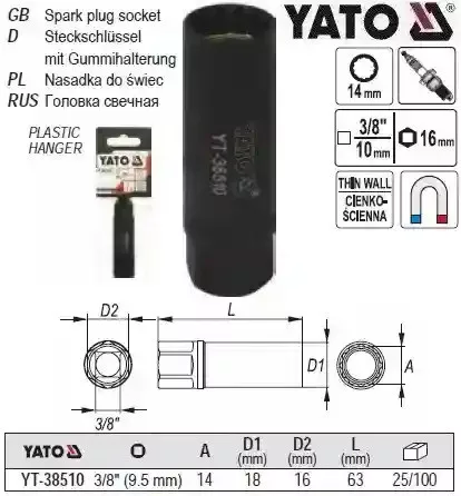 Vékonyfalú gyertyakulcs – 3/8", 14 mm / 63 mm (Yato YT-38510)