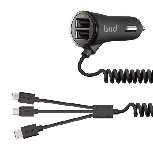 Budi LED autós töltő 2x USB, 3.4A + 3 az 1-ben USB USB-C / Lightning / Micro USB kábel (fekete)