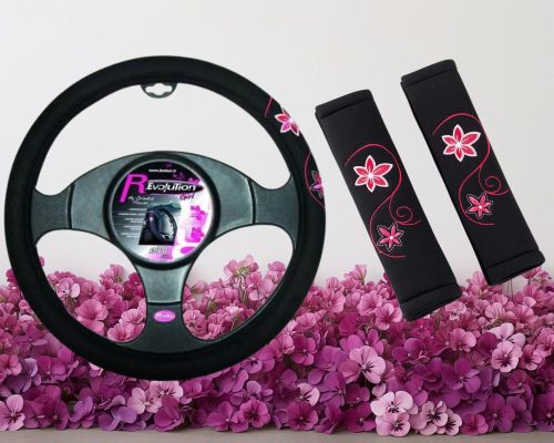 Csajos Autó Szett: Kormányvédő + Övpárna Myoriental Rózsaszín Virág