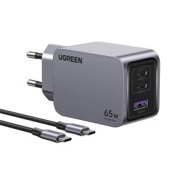   Ugreen Nexode Pro hálózati töltő, USB + 2x USB-C, 65 W + USB-C kábel 1,5 m (fekete)