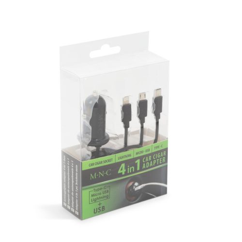 4 az 1-ben szivargyújtós adapter USB csatlakozással, fekete (54920BK)