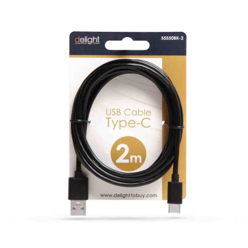 Delight 55550BK-2 USB Type-C Adat- és Töltőkábel, 2 m, Fekete