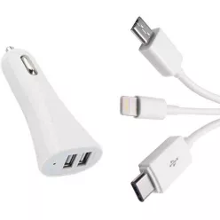 2-es USB töltő M-USB/Apple/Type-C 12V 2.1A AE-WF132-1