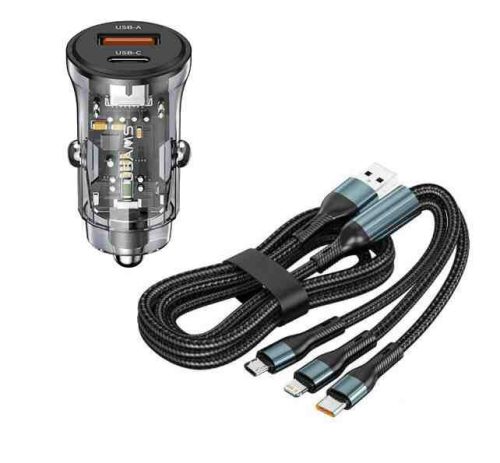 Gyors töltő USB/USB-C + 3 az 1-ben töltő különböző töltőfejekkel – 5A 20W 12/24V (07ACSET)