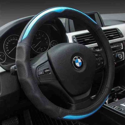 Valódi bőr kormányvédő 38cm fekete/kék (5408BL) autolife