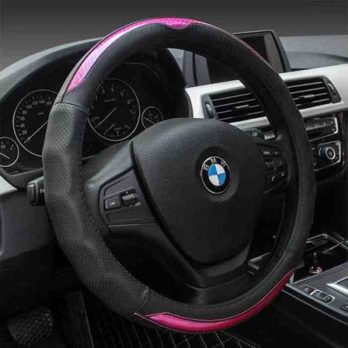 Valódi bőr kormányvédő 38cm fekete/pink (5408P) autolife