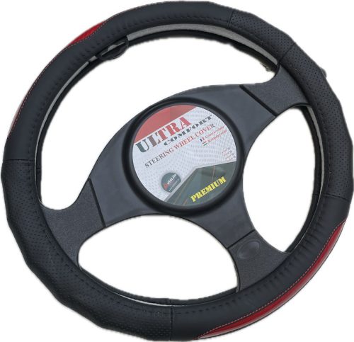 Valódi bőr kormányvédő 38cm fekete/piros (5408R) autolife