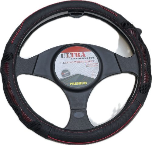 Valódi bőr kormányvédő 38cm fekete/piros (5002R) autolife