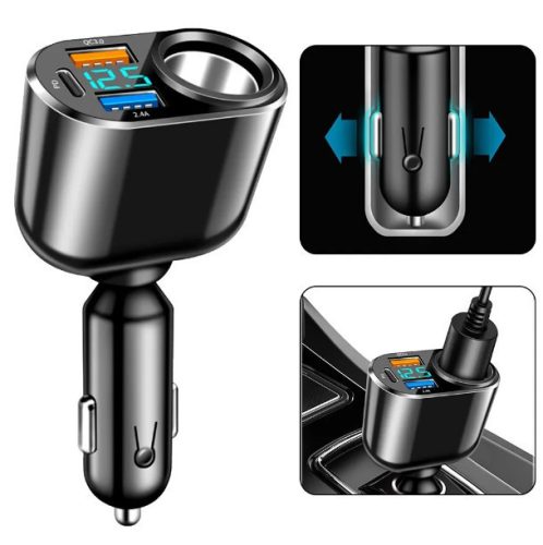 Autós töltő, prémium QC3 USB – 3 port + szivargyújtó aljzat (13184)