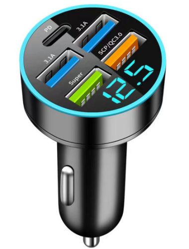 Autós töltő és voltmérő – 4 USB + USB-C portokkal – PD + 2 Super + QC3.1 + 3.1 – 12-24V (M57)