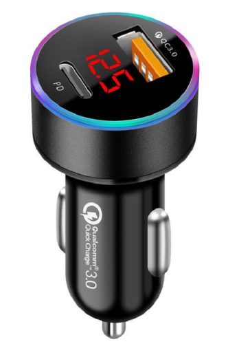 Autós töltő és voltmérő – USB és USB-C (PD) portokkal – Quick Charge 3.0 – 12-24V (M27)