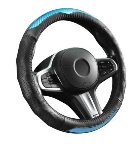 Premium Box Carbon Design valódi bőr kormányvédő 38 cm fekete-kék DW-5408BL (00894) autolife