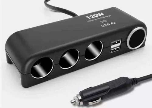 Szivargyújtó elosztó – 3 aljzat + 2 USB + öngyújtó aljzat, 12/24V, max. 120W – 13283