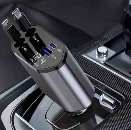 120 W 4in1 autós töltő – kihúzható kábel Type-C + Apple, PD USB, 12/24 V (13344)