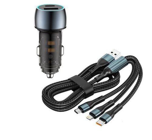 Autós töltő + 3in1 gyorstöltő kábel – 48W, Quick Charge 3.0, 12–24V (Autolife 13320)