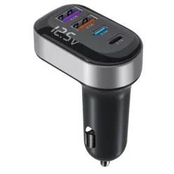   K33 Szivargyújtós autós töltő – 4 portos (2×15 W USB + 2×15 W Type-C), beépített voltmérővel