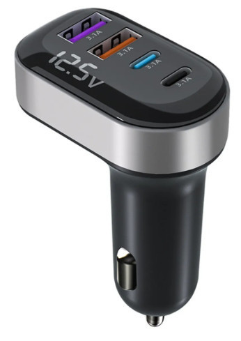 K33 Szivargyújtós autós töltő – 4 portos (2×15 W USB + 2×15 W Type-C), beépített voltmérővel