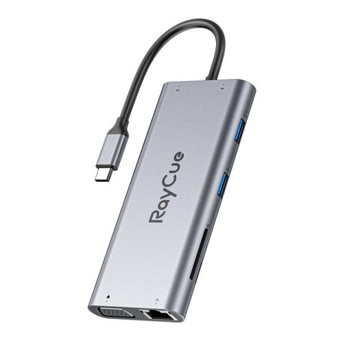 Hub 11in1 RayCue USB-C 2x USB-A 2.0 480Mbps + 3x USB-A 3.2 5Gbps + SD/TF 3.0 + HDMI 4K30Hz + VGA 1080p + RJ45 + PD 3.0 100W (szürke).