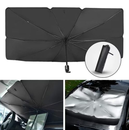 Összecsukható napernyő autóhoz, esernyő formájú, fekete-ezüst, 140 x 79 cm