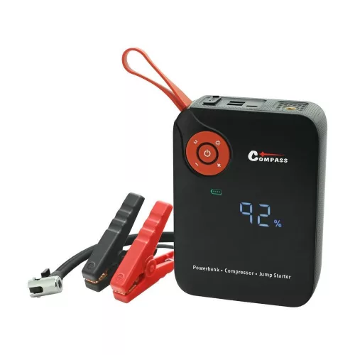 Indítósegély akkumulátor kompresszorral, powerbankkal és lámpával (7200 mAh, 600 A)|Compass