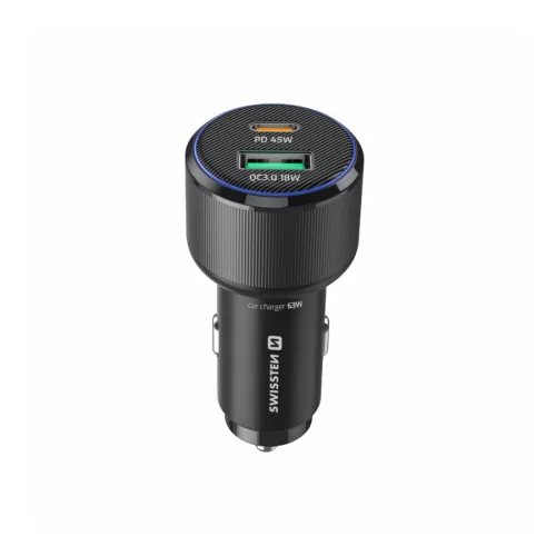 USB szivargyújtó adapter 1x + 1x USB-C (63W)|Swissten