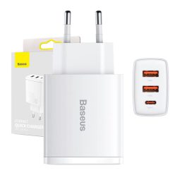   Baseus kompakt gyorstöltő, 2xUSB, USB-C, PD, 3A, 30 W (fehér)