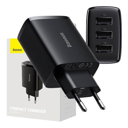 Baseus Compact gyorstöltő, 3x USB, 17W (fekete)