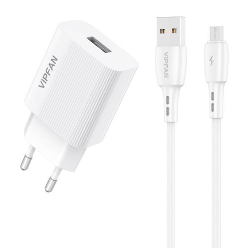 VFAN E01 hálózati töltő, 1x USB, 2,4A Micro USB kábel (fehér)