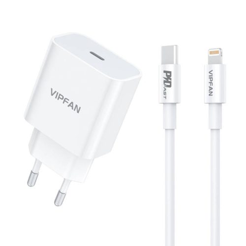 VFAN E04 fali töltő, USB-C, 20W, QC 3.0 Lightning kábel (fehér)