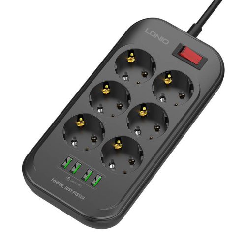 Power strip with 6 AC outlets, 4x USB, LDNIO SE6403, 2m (black)