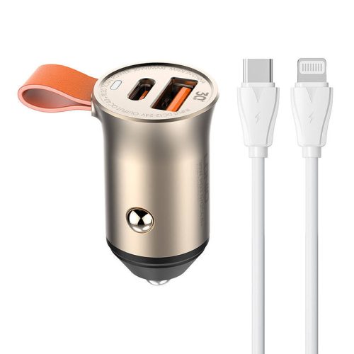 Autótöltő LDNIO C509Q, USB USB-C, 30W-os kábel USB-C Lightning-ra (arany)