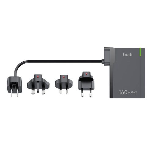 Univerzális fali töltő Budi 350, GaN PD QC3.0, 5xUSB-C 1xUSB-A, 160W US/UK/EU (fekete)