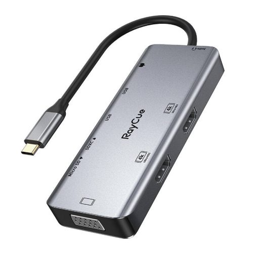 Hub 9in1 RayCue USB-C to 2x USB-A 3.0 5Gbps + 2x SD/TF 3.0 + 2x HDMI 4K30Hz + VGA 1080p + jack 3.5mm + PD 3.0 100W (gray)