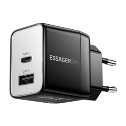   Fali töltő, Essager, ECT33W-LJB01-Z, GaN, 1xUSB-A, 1xUSB-C, 33W (fekete)