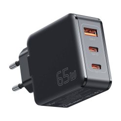   Fali töltő, Essager, ECT2CA-JZB01-Z, GaN, USB-A, 2xUSB-C, 65W (fekete)