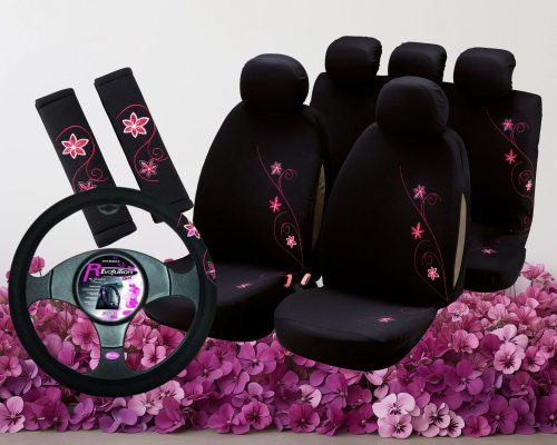 Csajos, Rózsaszín Virágos Autós Szett (3Db): Üléshuzat, Övvédő, Kormányvédő